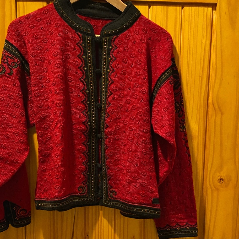 Dale of Norway Red Knit Sweater with Black and Olive Accents